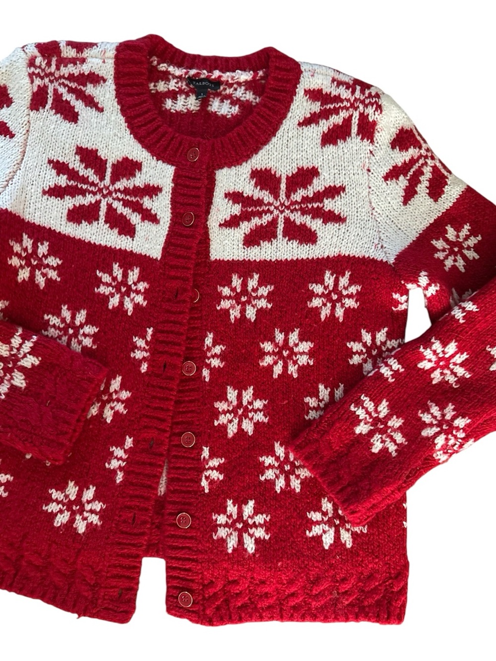❤️Talbots Women’s Red White Wool Blend Chunky Knit Oversized Cardigan Sweater S